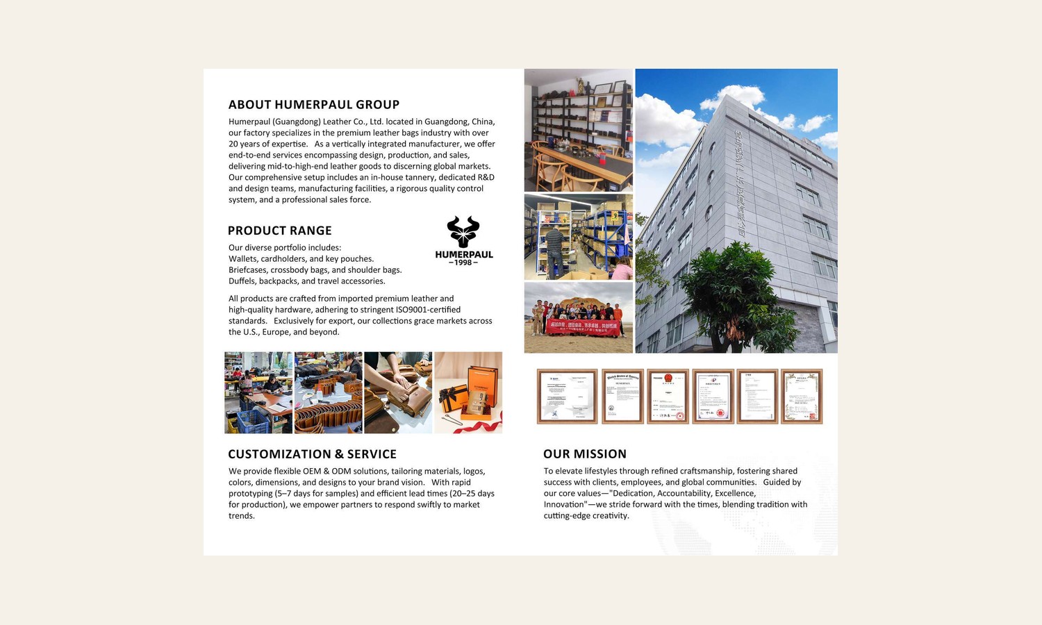 HUMERPAUL factory, workshop and certificates